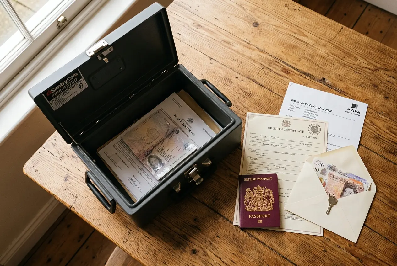 A fire-rated document box open on a table beside a passport, insurance schedule and a few banknotes