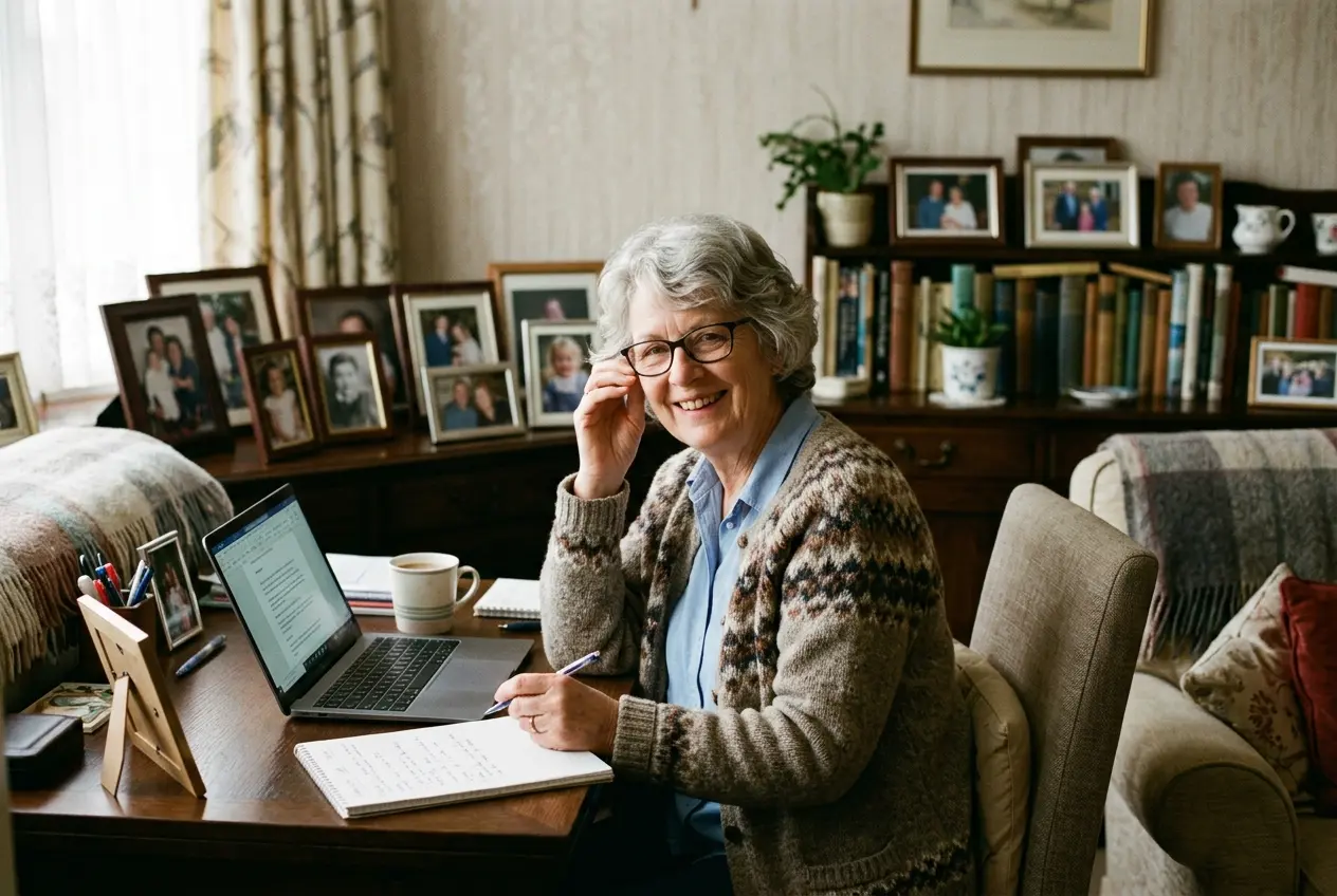 A woman at a tidy home desk with organised documents and family photographs around her