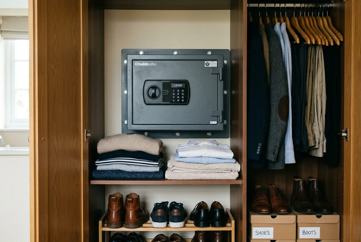 A certified steel home safe bolted to the wall inside a bedroom wardrobe
